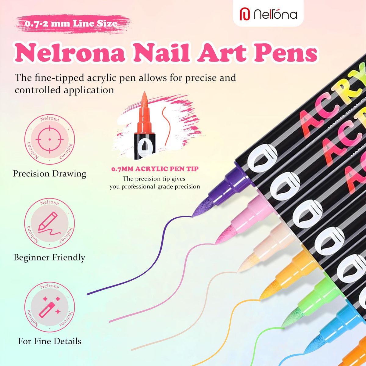 Nelrona 24 Colors Nail Art Pens Dual Tips 3D Nail Polish Pens Set - Quick-Drying Acrylic Paint Markers for Nail Design, DIY Home Salon Manicure Tools - görsel 5