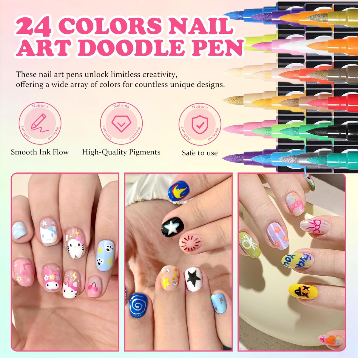Nelrona 24 Colors Nail Art Pens Dual Tips 3D Nail Polish Pens Set - Quick-Drying Acrylic Paint Markers for Nail Design, DIY Home Salon Manicure Tools - görsel 9