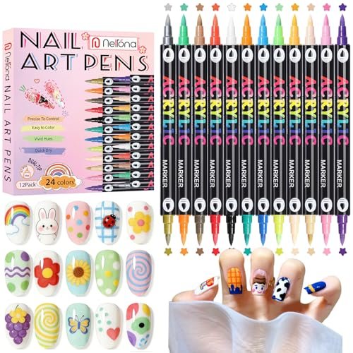 Nelrona 24 Colors Nail Art Pens Dual Tips 3D Nail Polish Pens Set - Quick-Drying Acrylic Paint Markers for Nail Design, DIY Home Salon Manicure Tools - görsel 2