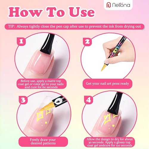 Nelrona 24 Colors Nail Art Pens Dual Tips 3D Nail Polish Pens Set - Quick-Drying Acrylic Paint Markers for Nail Design, DIY Home Salon Manicure Tools - görsel 14