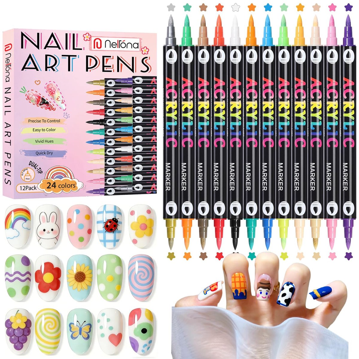Nelrona 24 Colors Nail Art Pens Dual Tips 3D Nail Polish Pens Set - Quick-Drying Acrylic Paint Markers for Nail Design, DIY Home Salon Manicure Tools - görsel 1