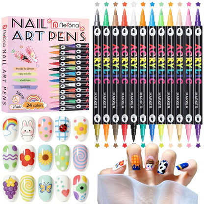 Nelrona 24 Colors Nail Art Pens Dual Tips 3D Nail Polish Pens Set - Quick-Drying Acrylic Paint Markers for Nail Design, DIY Home Salon Manicure Tools