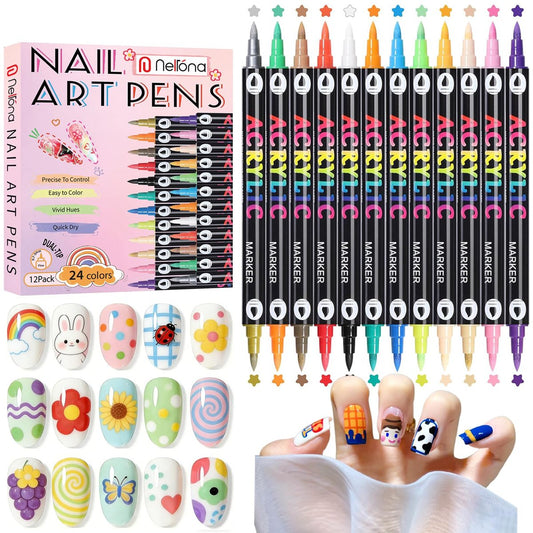 Nelrona 24 Colors Nail Art Pens Dual Tips 3D Nail Polish Pens Set - Quick-Drying Acrylic Paint Markers for Nail Design, DIY Home Salon Manicure Tools