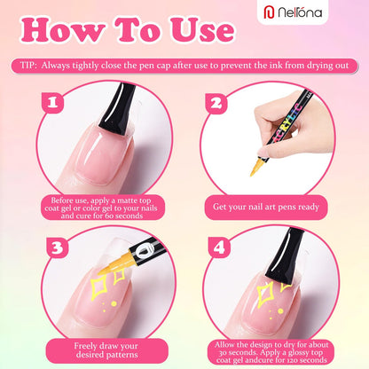 Nelrona 24 Colors Nail Art Pens Dual Tips 3D Nail Polish Pens Set - Quick-Drying Acrylic Paint Markers for Nail Design, DIY Home Salon Manicure Tools