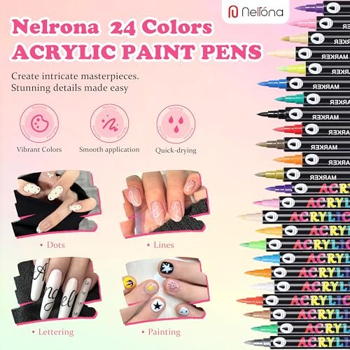 Nelrona 24 Colors Nail Art Pens Dual Tips 3D Nail Polish Pens Set - Quick-Drying Acrylic Paint Markers for Nail Design, DIY Home Salon Manicure Tools - görsel 4