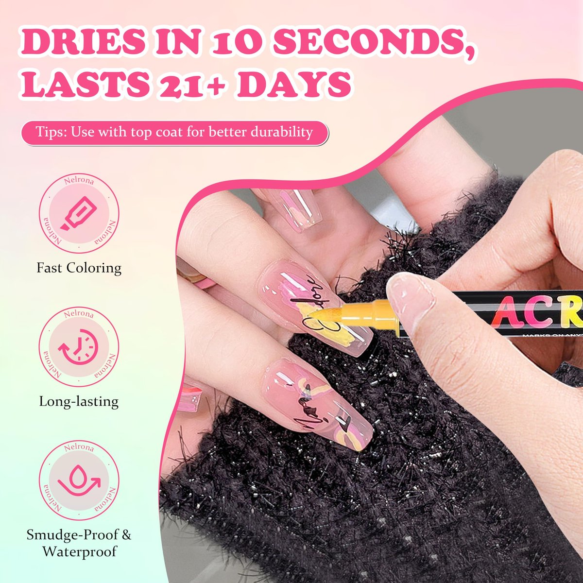 Nelrona 24 Colors Nail Art Pens Dual Tips 3D Nail Polish Pens Set - Quick-Drying Acrylic Paint Markers for Nail Design, DIY Home Salon Manicure Tools - görsel 7