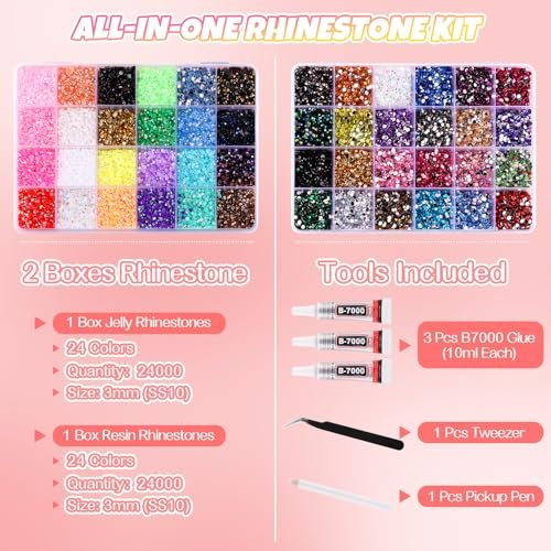 Kalolary 48000Pcs 48 Colors Jelly Rhinestones for Bedazzling and Diamond Art, 3mm Resin Flatback Gems Bedazzler Kit with 3Pcs B7000 Glue Tweezers & Pick Up Pen for DIY Crafting Crafts Book Shoes Nail Art Avelisse