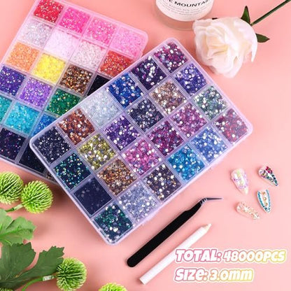 Kalolary 48000Pcs 48 Colors Jelly Rhinestones for Bedazzling and Diamond Art, 3mm Resin Flatback Gems Bedazzler Kit with 3Pcs B7000 Glue Tweezers & Pick Up Pen for DIY Crafting Crafts Book Shoes Nail Art Avelisse
