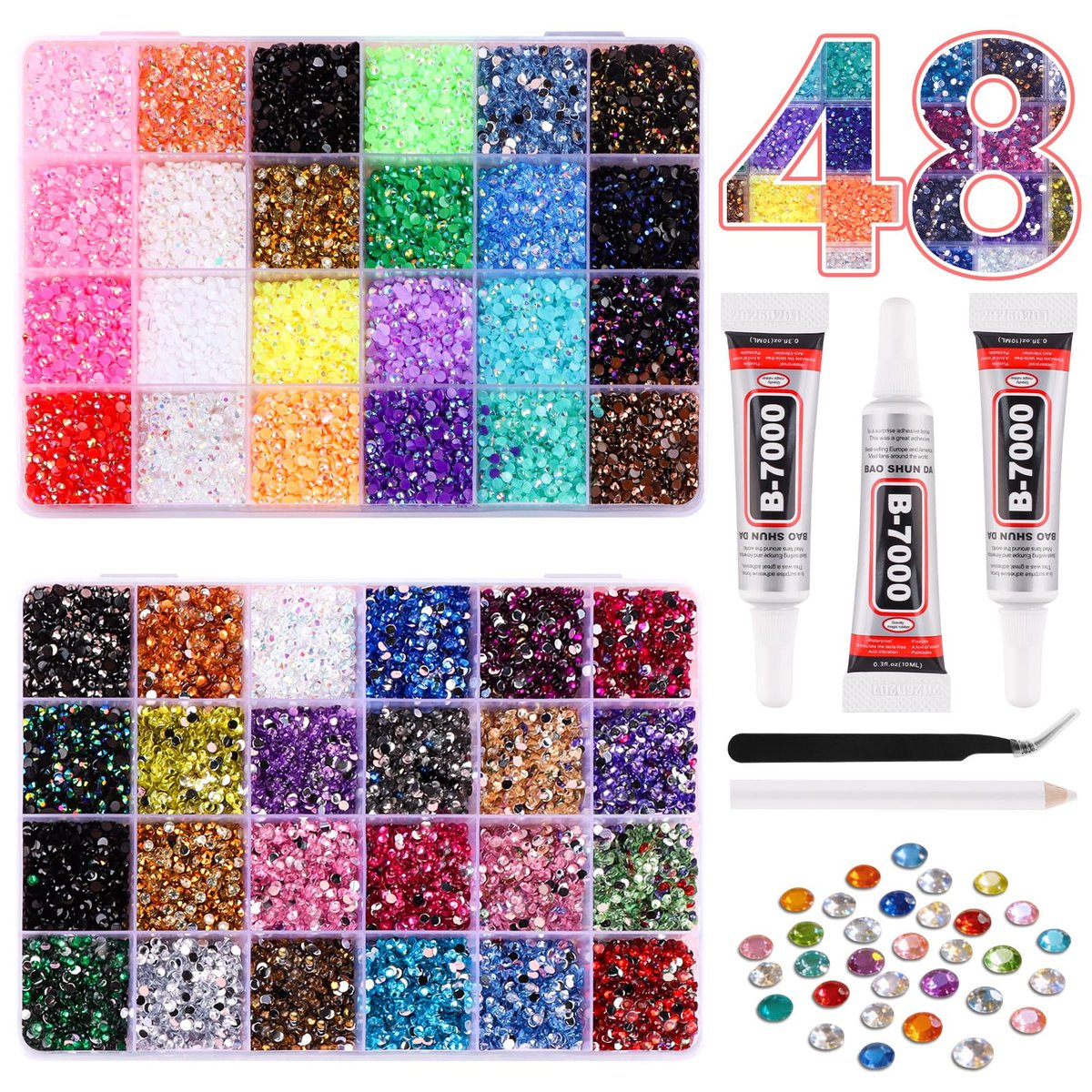 Kalolary 48000Pcs 48 Colors Jelly Rhinestones for Bedazzling and Diamond Art, 3mm Resin Flatback Gems Bedazzler Kit with 3Pcs B7000 Glue Tweezers & Pick Up Pen for DIY Crafting Crafts Book Shoes Nail Art Avelisse