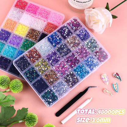 Kalolary 48000Pcs 48 Colors Jelly Rhinestones for Bedazzling and Diamond Art, 3mm Resin Flatback Gems Bedazzler Kit with 3Pcs B7000 Glue Tweezers & Pick Up Pen for DIY Crafting Crafts Book Shoes Nail Art Avelisse