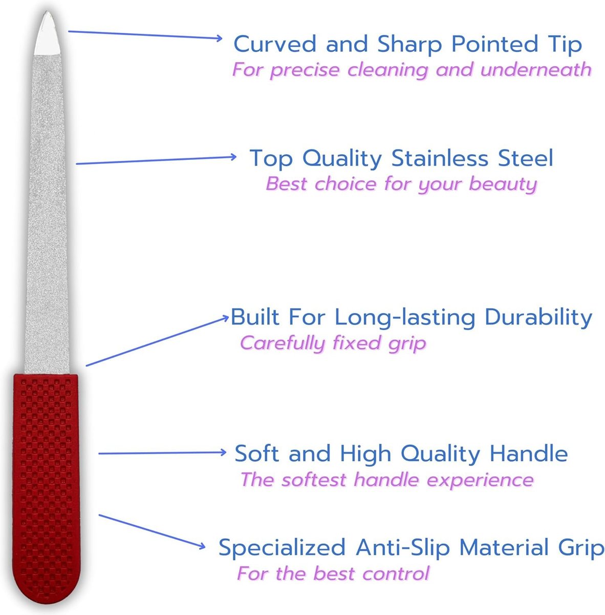 Professional Ruby Red Sapphire Nail File – Fine & Coarse, 5" Stainless Steel, Double-Sided Metal File, Ergonomic Non-Slip Handle, for Natural, Gel, Acrylic Nails, Manicure & Pedicure Tool Avelisse