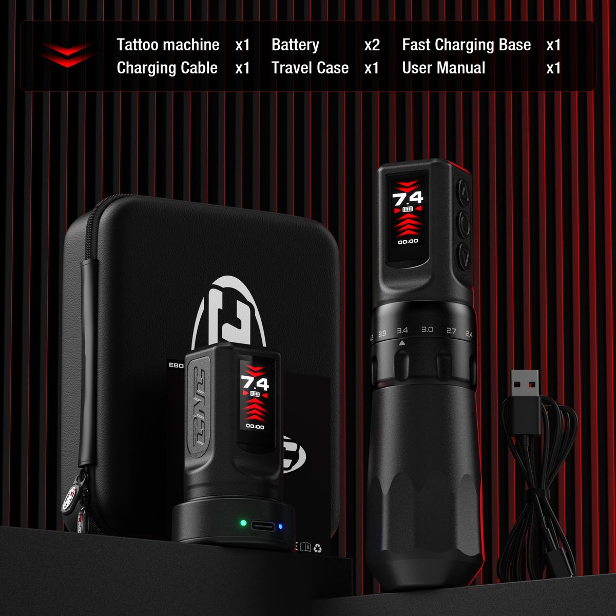 Wireless CNC Tattoo Pen Machine with 7 Adjustable Strokes, Fast-Charging 3040mAh Dual Batteries, Coreless Motor 2.4-4.5mm Stroke for Professional Artists (Black) - görsel 11