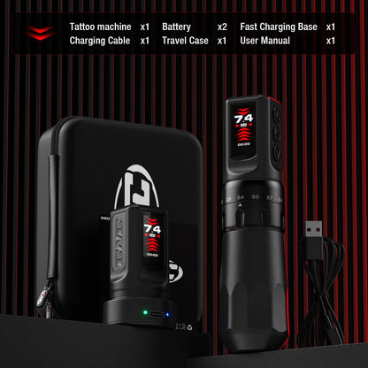 Wireless CNC Tattoo Pen Machine with 7 Adjustable Strokes, Fast-Charging 3040mAh Dual Batteries, Coreless Motor 2.4-4.5mm Stroke for Professional Artists (Black)