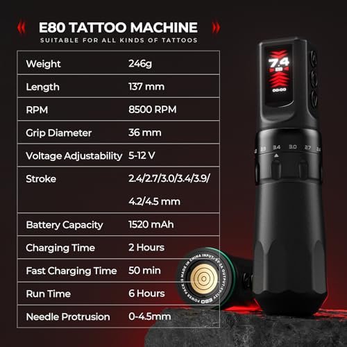 Wireless CNC Tattoo Pen Machine with 7 Adjustable Strokes, Fast-Charging 3040mAh Dual Batteries, Coreless Motor 2.4-4.5mm Stroke for Professional Artists (Black) - görsel 4