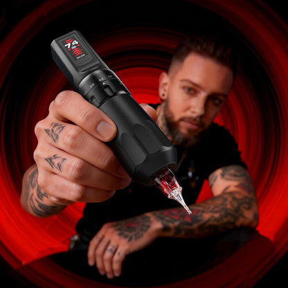 Wireless CNC Tattoo Pen Machine with 7 Adjustable Strokes, Fast-Charging 3040mAh Dual Batteries, Coreless Motor 2.4-4.5mm Stroke for Professional Artists (Black)
