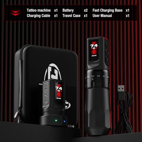 Wireless CNC Tattoo Pen Machine with 7 Adjustable Strokes, Fast-Charging 3040mAh Dual Batteries, Coreless Motor 2.4-4.5mm Stroke for Professional Artists (Black) - görsel 12