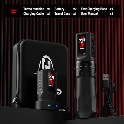 Wireless CNC Tattoo Pen Machine with 7 Adjustable Strokes, Fast-Charging 3040mAh Dual Batteries, Coreless Motor 2.4-4.5mm Stroke for Professional Artists (Black)