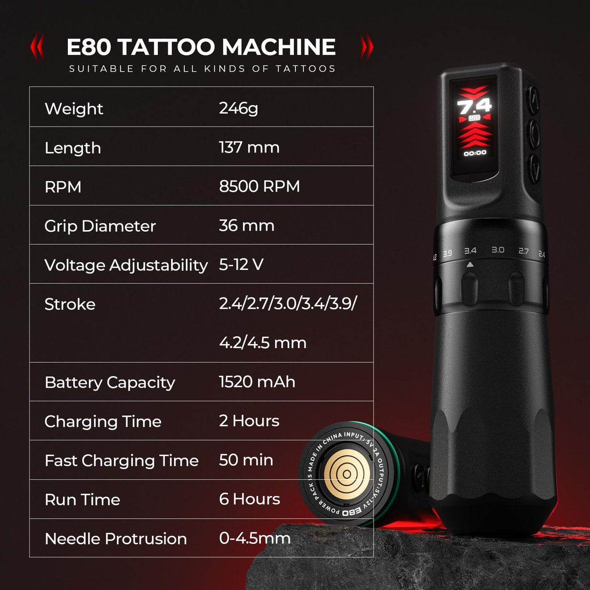 Wireless CNC Tattoo Pen Machine with 7 Adjustable Strokes, Fast-Charging 3040mAh Dual Batteries, Coreless Motor 2.4-4.5mm Stroke for Professional Artists (Black) - görsel 3