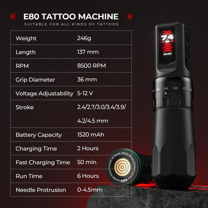 Wireless CNC Tattoo Pen Machine with 7 Adjustable Strokes, Fast-Charging 3040mAh Dual Batteries, Coreless Motor 2.4-4.5mm Stroke for Professional Artists (Black)