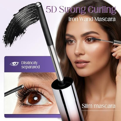 awrose Iron Wand Mascara - 5D Curling Eyelash Iron Mascara with Washable Metal Wands, Waterproof, Smudge Proof, Long-lasting Black Mascara for Volume and Length Avelisse