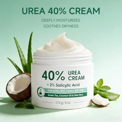 FAMIKYA 40% Urea Cream for Feet Maximum Strength - Foot Cream for Dry Cracked Heels with 2% Salicylic Acid, Moisturizer for Hands, Elbows, Knees, Rough Skin Avelisse