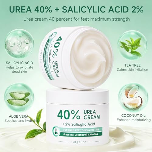 FAMIKYA 40% Urea Cream for Feet Maximum Strength - Foot Cream for Dry Cracked Heels with 2% Salicylic Acid, Moisturizer for Hands, Elbows, Knees, Rough Skin Avelisse