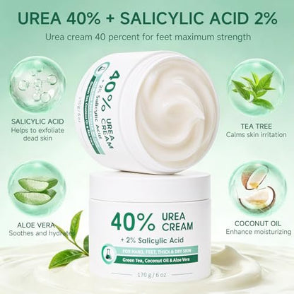 FAMIKYA 40% Urea Cream for Feet Maximum Strength - Foot Cream for Dry Cracked Heels with 2% Salicylic Acid, Moisturizer for Hands, Elbows, Knees, Rough Skin Avelisse
