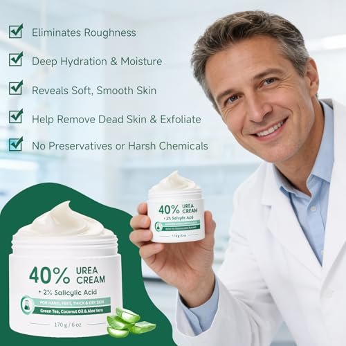 FAMIKYA 40% Urea Cream for Feet Maximum Strength - Foot Cream for Dry Cracked Heels with 2% Salicylic Acid, Moisturizer for Hands, Elbows, Knees, Rough Skin Avelisse