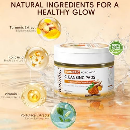 Turmeric Kojic Acid Cleansing Pads for Face – 60 Count Exfoliating & Brightening Facial Towelettes Avelisse
