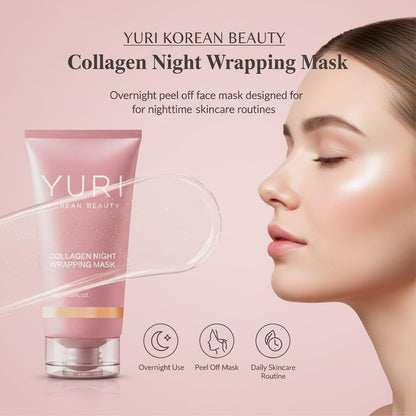 YURI BEAUTY Collagen Night Wrapping Mask – Overnight Glass Skin Peel Off Face Mask for Elasticity & Hydration, All Skin Types (2.53 fl.oz) Avelisse