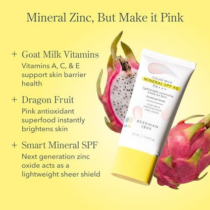 Beekman 1802 Solar Milk Mineral Sunscreen SPF 40 PA+++ - Lightweight Zinc Oxide Face Sunscreen, Broad Spectrum UVA/UVB Protection, Non-Greasy, Fragrance Free, 1.69 fl oz Avelisse