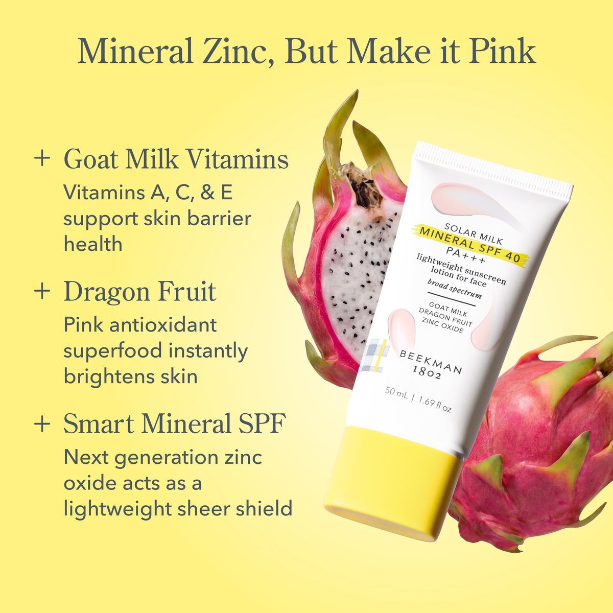 Beekman 1802 Solar Milk Mineral Sunscreen SPF 40 PA+++ - Lightweight Zinc Oxide Face Sunscreen, Broad Spectrum UVA/UVB Protection, Non-Greasy, Fragrance Free, 1.69 fl oz Avelisse