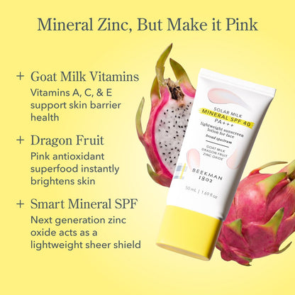 Beekman 1802 Solar Milk Mineral Sunscreen SPF 40 PA+++ - Lightweight Zinc Oxide Face Sunscreen, Broad Spectrum UVA/UVB Protection, Non-Greasy, Fragrance Free, 1.69 fl oz Avelisse