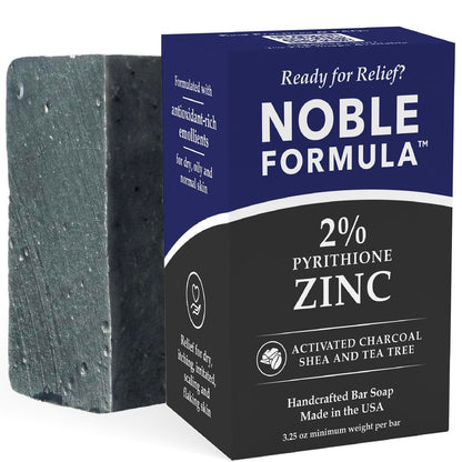 Noble Formula 2% Pyrithione Zinc Activated Charcoal Soap with Shea Butter and Tea Tree Oil - Deep Cleansing Bar for Oily or Flaky Skin, Face Body and Scalp, No Palm Oil, Handmade in USA, 3.25 oz Avelisse