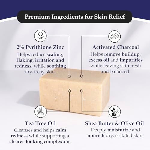 Noble Formula 2% Pyrithione Zinc Activated Charcoal Soap with Shea Butter and Tea Tree Oil - Deep Cleansing Bar for Oily or Flaky Skin, Face Body and Scalp, No Palm Oil, Handmade in USA, 3.25 oz Avelisse