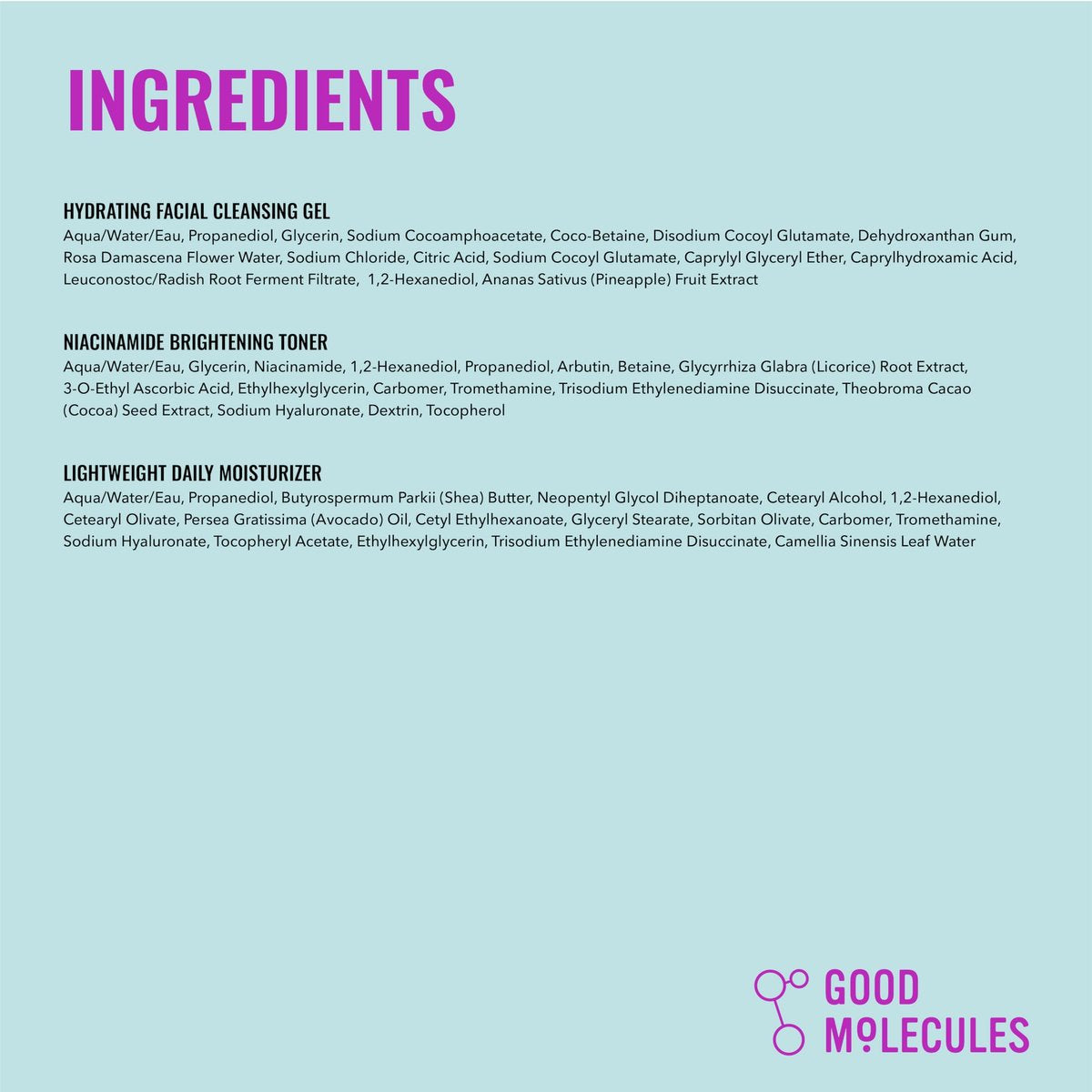Good Molecules Cleanse, Tone & Moisturize Skincare Set – Hydrating Facial Cleansing Gel (200ml), Niacinamide Brightening Toner (120ml) & Lightweight Daily Moisturizer (100ml) Avelisse