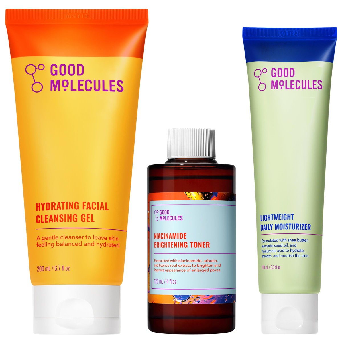 Good Molecules Cleanse, Tone & Moisturize Skincare Set – Hydrating Facial Cleansing Gel (200ml), Niacinamide Brightening Toner (120ml) & Lightweight Daily Moisturizer (100ml) Avelisse
