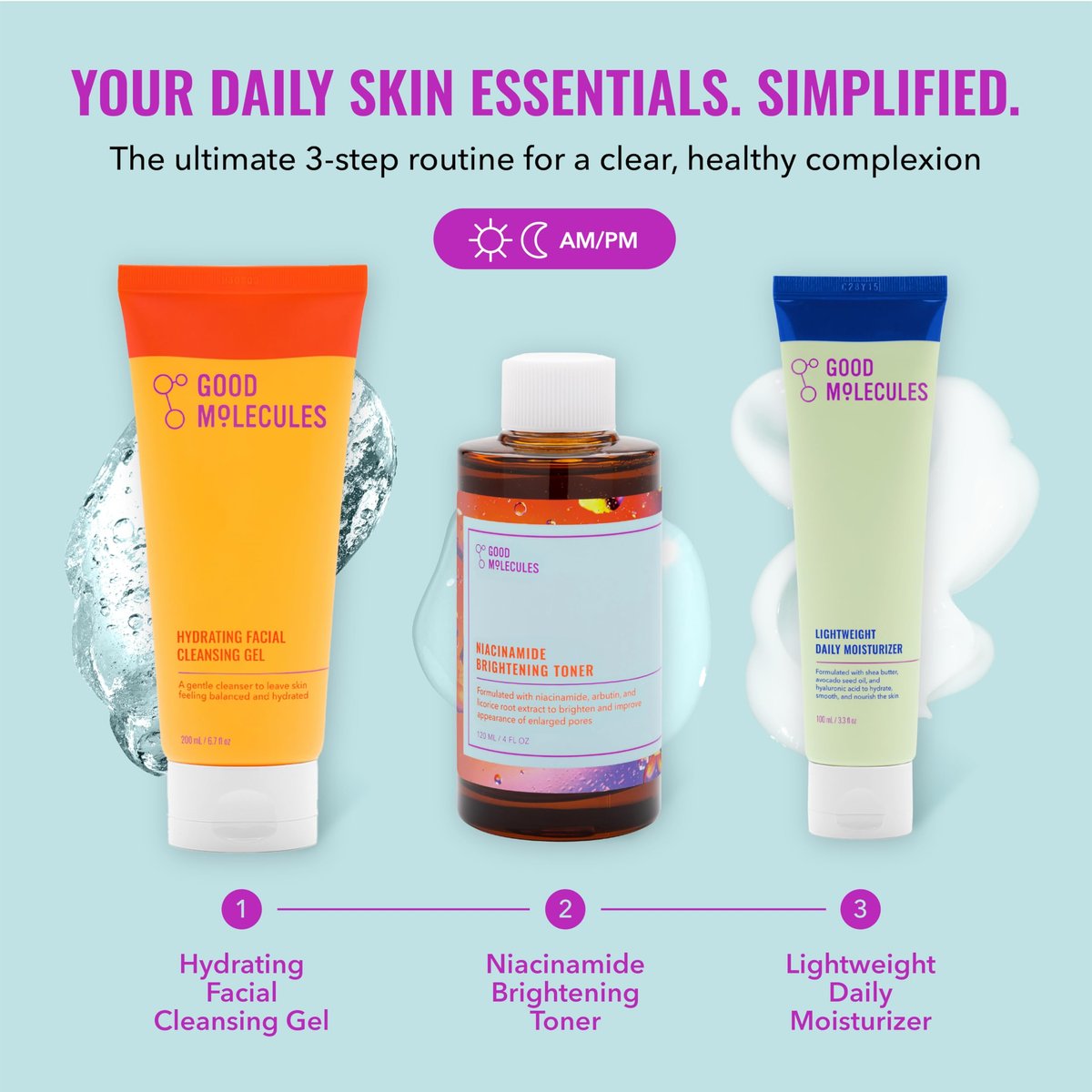 Good Molecules Cleanse, Tone & Moisturize Skincare Set – Hydrating Facial Cleansing Gel (200ml), Niacinamide Brightening Toner (120ml) & Lightweight Daily Moisturizer (100ml) Avelisse
