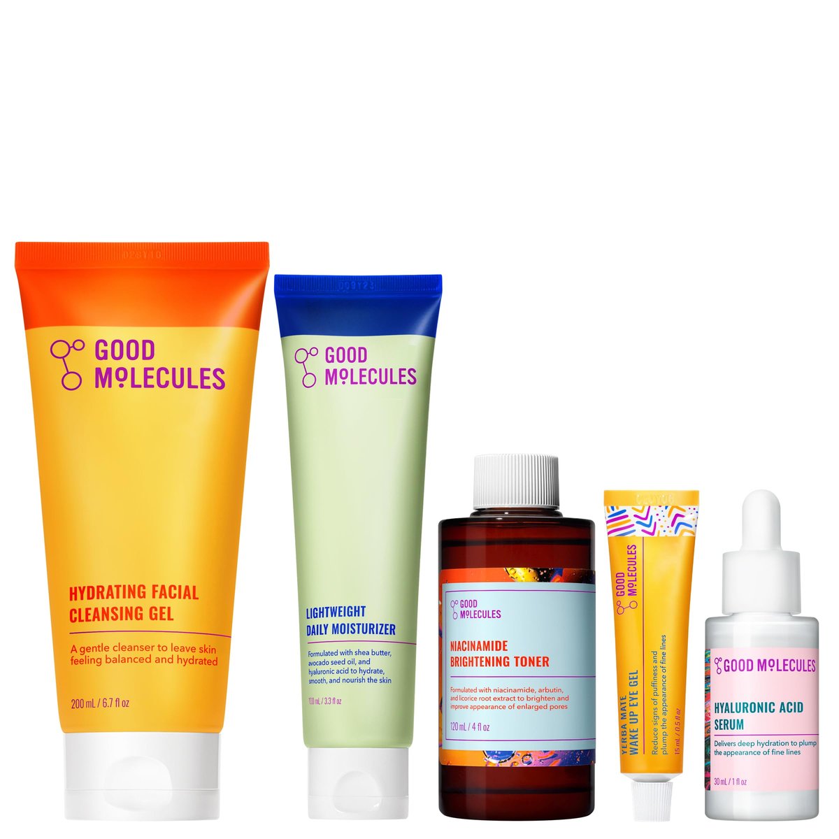 Good Molecules Daily Skincare Routine Set – Hydrating Cleanser, Niacinamide Toner, Hyaluronic Acid Serum, Moisturizer & Eye Gel (5-Piece Kit) Avelisse