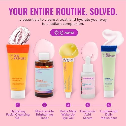 Good Molecules Daily Skincare Routine Set – Hydrating Cleanser, Niacinamide Toner, Hyaluronic Acid Serum, Moisturizer & Eye Gel (5-Piece Kit) Avelisse
