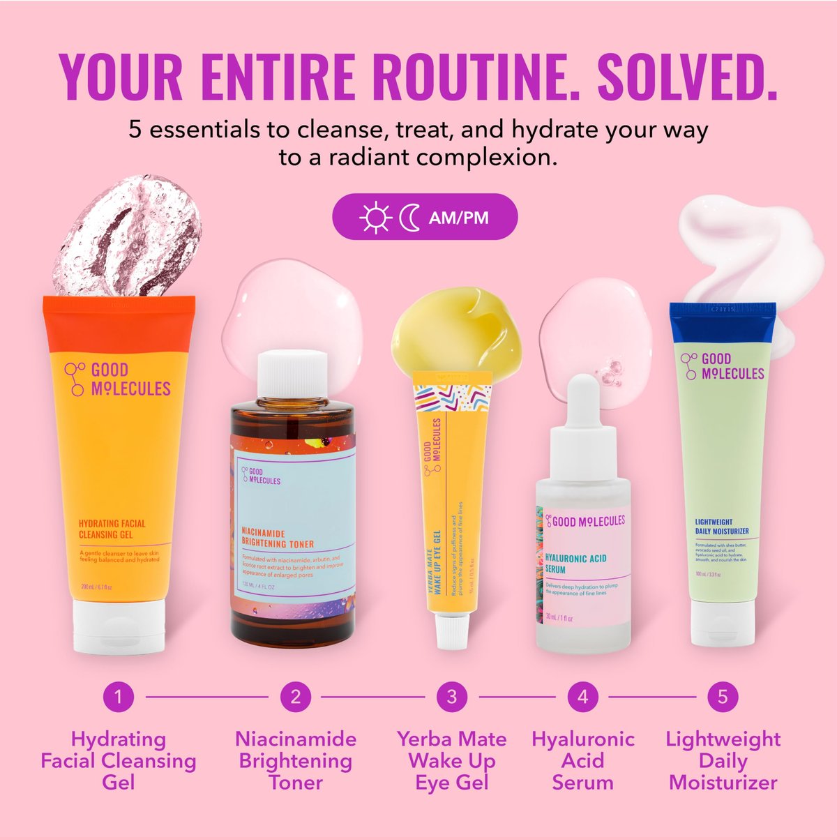 Good Molecules Daily Skincare Routine Set – Hydrating Cleanser, Niacinamide Toner, Hyaluronic Acid Serum, Moisturizer & Eye Gel (5-Piece Kit) Avelisse