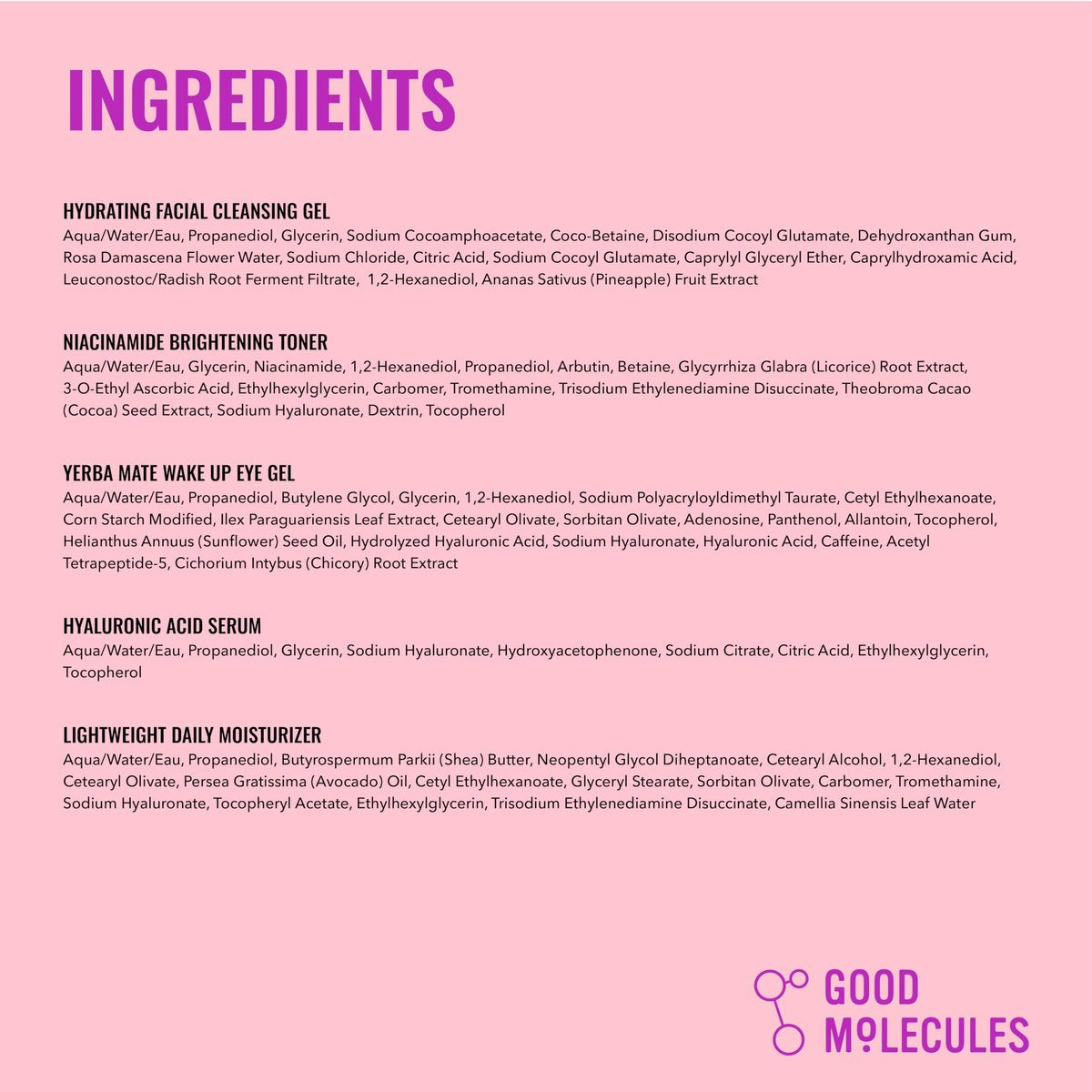 Good Molecules Daily Skincare Routine Set – Hydrating Cleanser, Niacinamide Toner, Hyaluronic Acid Serum, Moisturizer & Eye Gel (5-Piece Kit) Avelisse