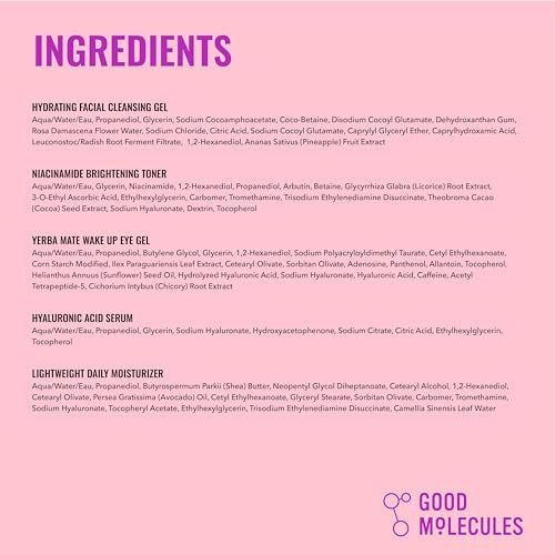 Good Molecules Daily Skincare Routine Set – Hydrating Cleanser, Niacinamide Toner, Hyaluronic Acid Serum, Moisturizer & Eye Gel (5-Piece Kit) Avelisse