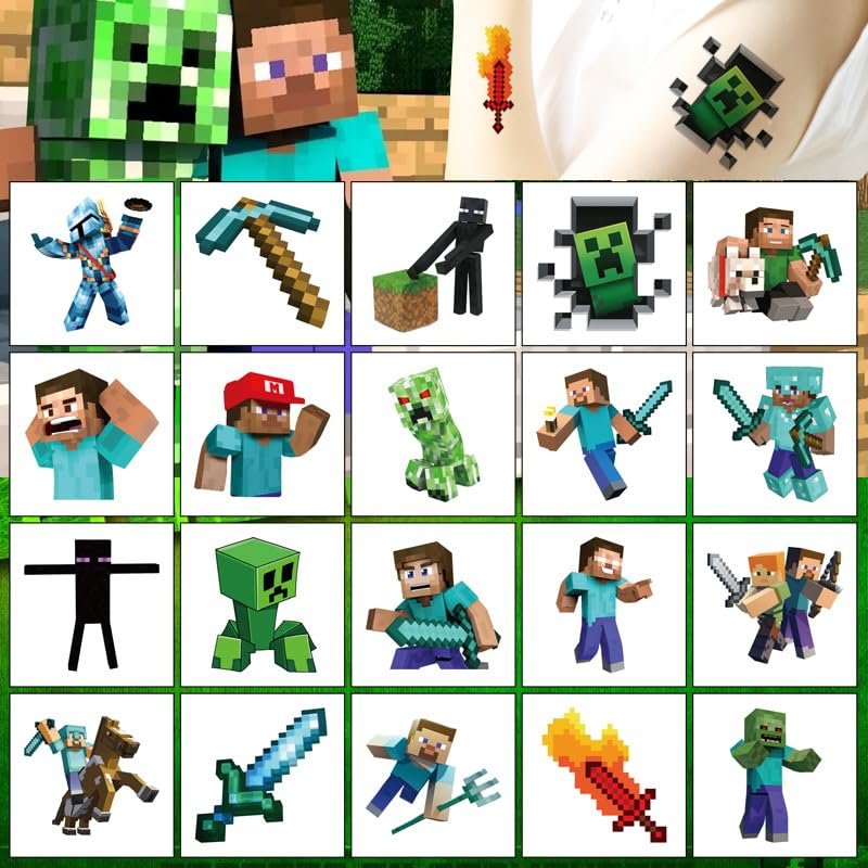 20 Pcs Game Theme Temporary Tattoos - Pixel Cartoon Tattoos Stickers for Kids, Party Favors, and Rewards - görsel 3