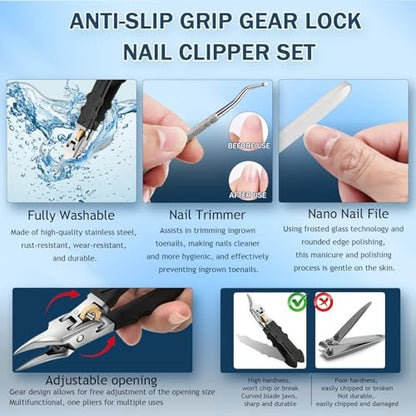 Black Anti-Slip Grip Gear Lock Nail Clipper - Precision Stainless Steel for Thick & Ingrown Nails Avelisse