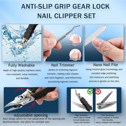 Black Anti-Slip Grip Gear Lock Nail Clipper - Precision Stainless Steel for Thick & Ingrown Nails Avelisse