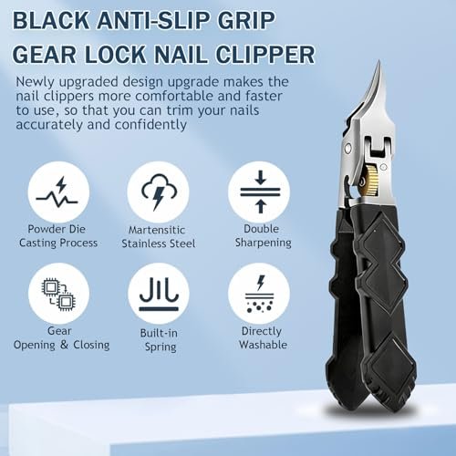 Black Anti-Slip Grip Gear Lock Nail Clipper - Precision Stainless Steel for Thick & Ingrown Nails Avelisse