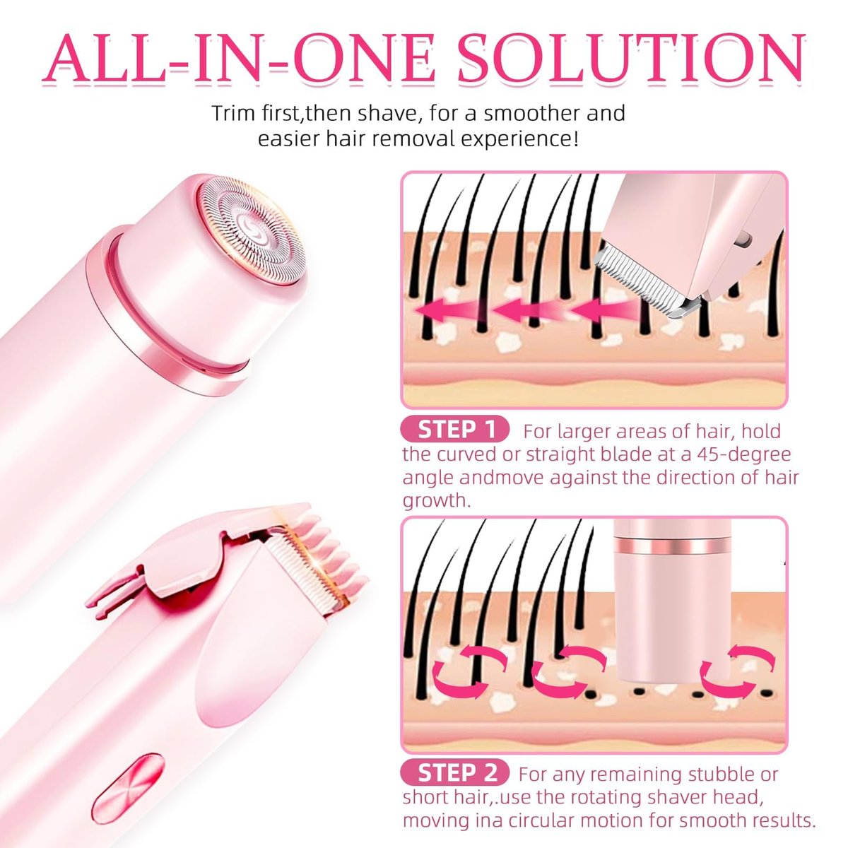 Bikini Trimmer for Women - 2 in 1 Electric Razor, Dermave Bikini Shaver, IPX7 Waterproof, Ceramic Blade, 120 Min Runtime, Ultra Low Noise (Pink) Avelisse