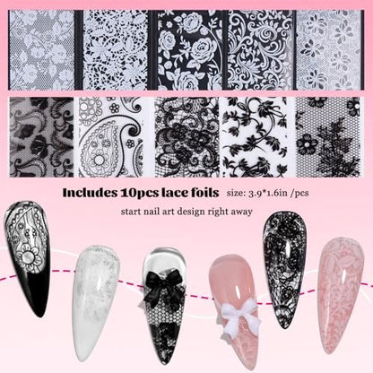 Fcozpjk Nail Foil Glue 15ML + 10PCS Black White Lace Foil Sheets – Strong Adhesion UV Cure Soak Off for Salon & Home DIY