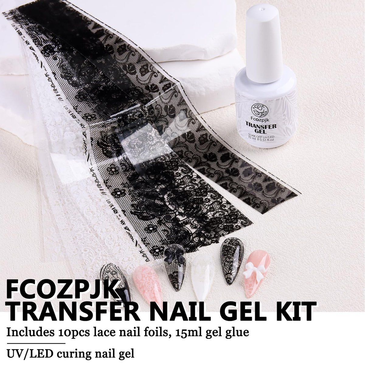 Fcozpjk Nail Foil Glue 15ML + 10PCS Black White Lace Foil Sheets – Strong Adhesion UV Cure Soak Off for Salon & Home DIY - görsel 3